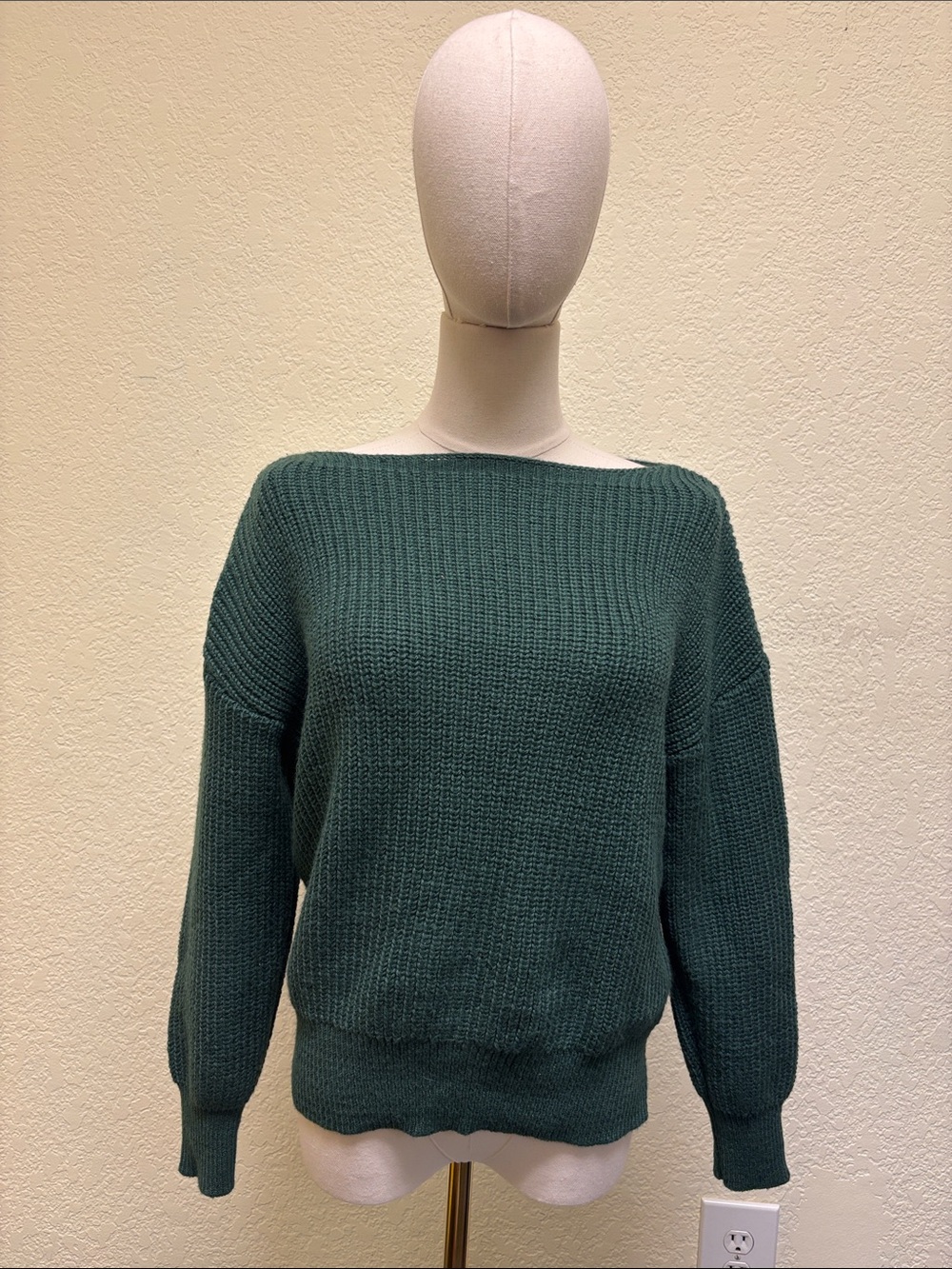 Pink Clover Off-the-Shoulder Forest Green Knit Sweater